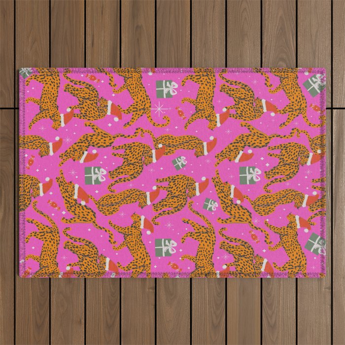 Fashionable cats with Christmas hats and gifts in fuchsia pink background  Outdoor Rug Gallery Image 1