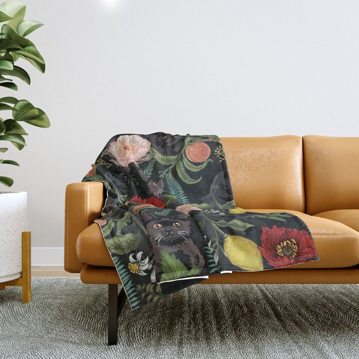Botanical and Black Cats Throw Blanket Gallery Image 1