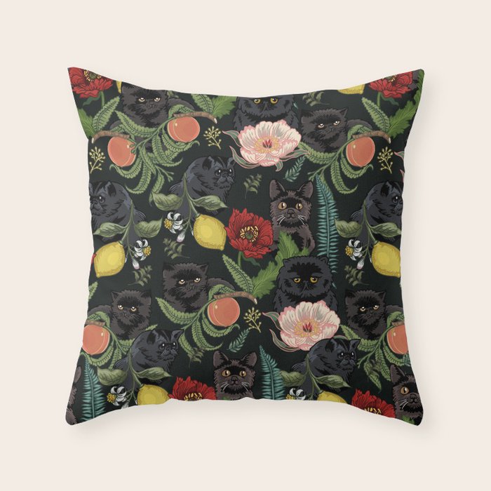 Botanical and Black Cats Throw Pillow Gallery Image 1