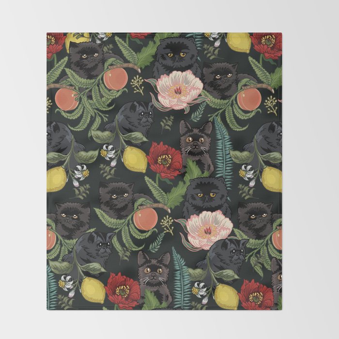 Botanical and Black Cats Throw Blanket Gallery Image 2