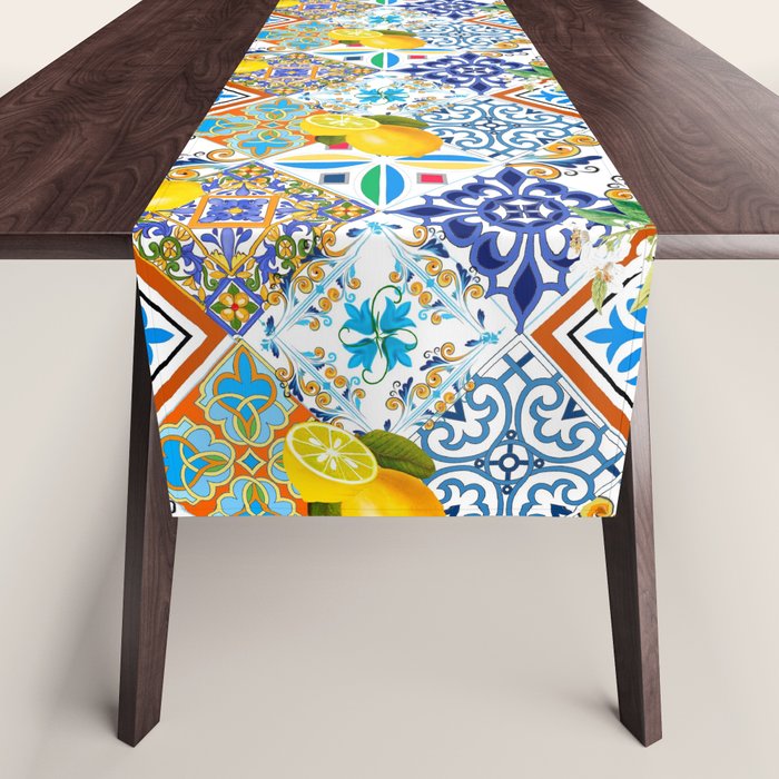 Tiles,mosaic,azulejo,quilt,Portuguese,majolica,lemons,citrus. Table Runner Gallery Image 1
