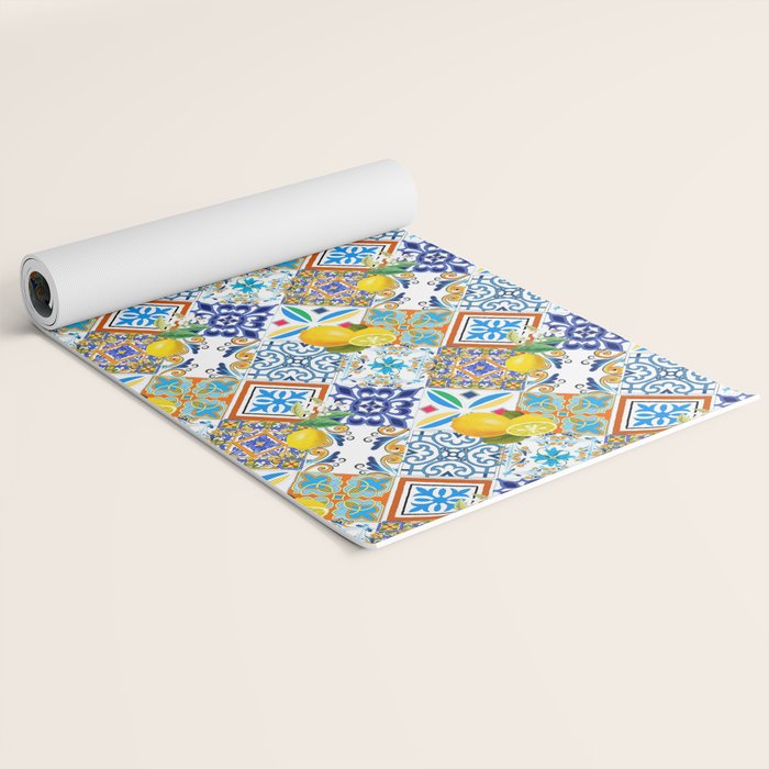 Tiles,mosaic,azulejo,quilt,Portuguese,majolica,lemons,citrus. Yoga Mat Gallery Image 2