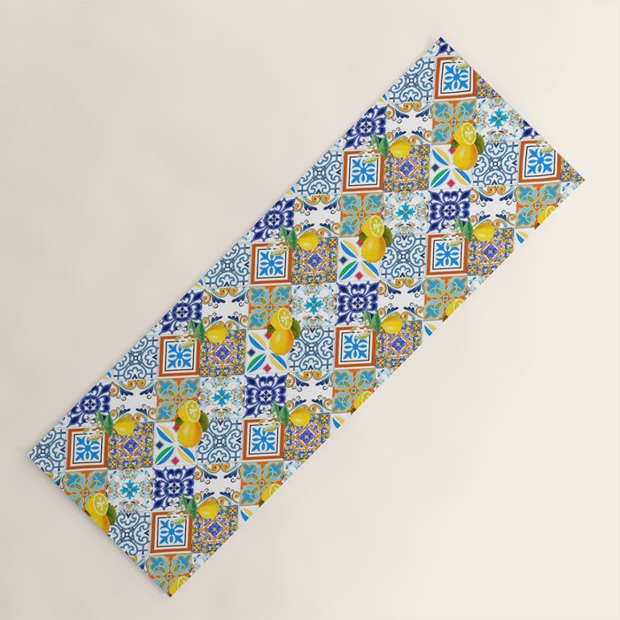 Tiles,mosaic,azulejo,quilt,Portuguese,majolica,lemons,citrus. Yoga Mat Gallery Image 1