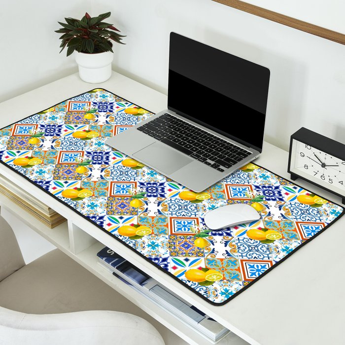 Tiles,mosaic,azulejo,quilt,Portuguese,majolica,lemons,citrus. Desk Mat Gallery Image 2