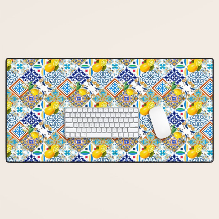 Tiles,mosaic,azulejo,quilt,Portuguese,majolica,lemons,citrus. Desk Mat Gallery Image 1
