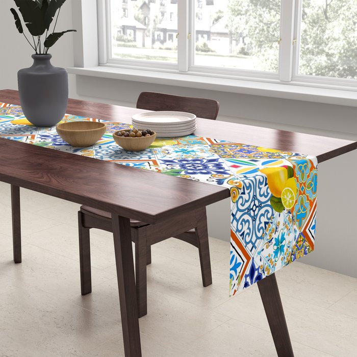 Tiles,mosaic,azulejo,quilt,Portuguese,majolica,lemons,citrus. Table Runner Gallery Image 2
