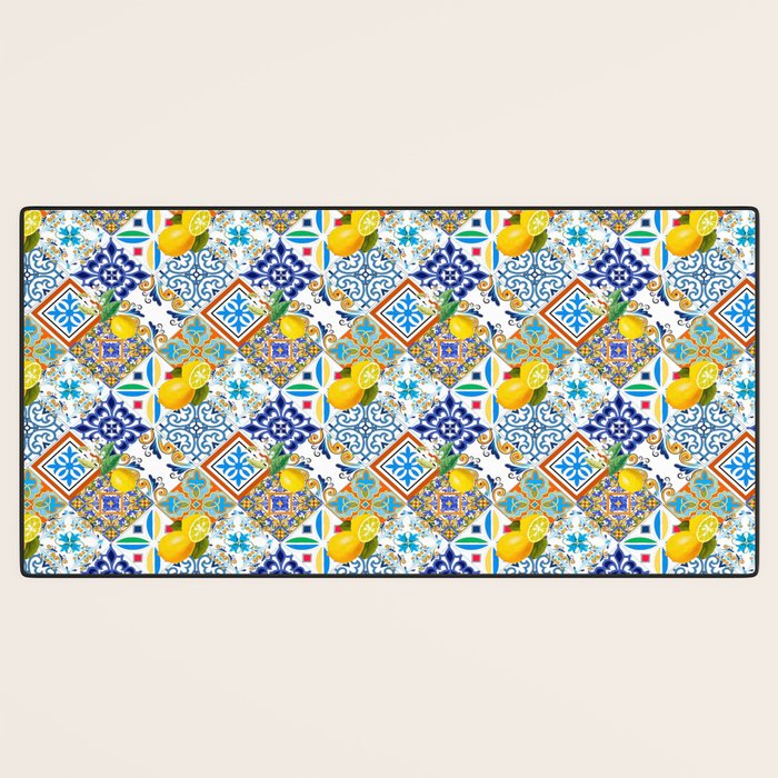 Tiles,mosaic,azulejo,quilt,Portuguese,majolica,lemons,citrus. Desk Mat Gallery Image 3