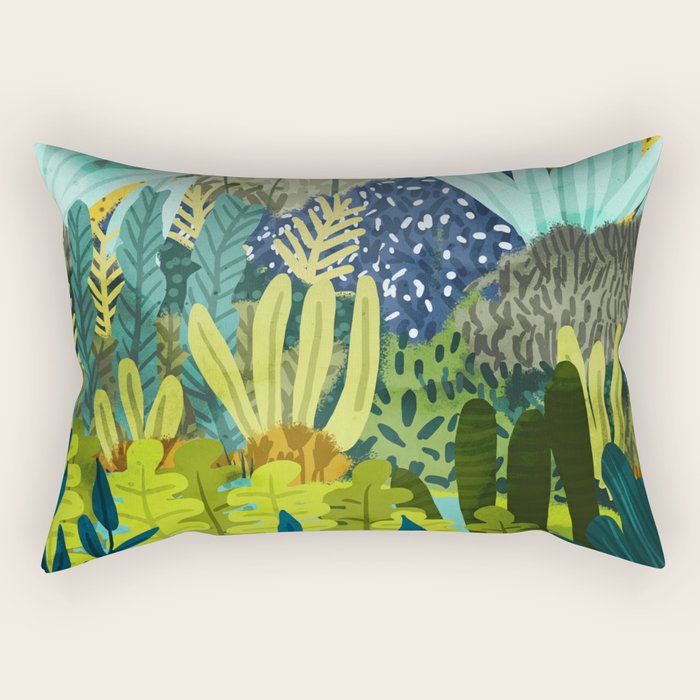 Wild Jungle Painting, Forest Dark Botanical Nature, Plants Tropical Eclectic Modern Illustration Rectangular Pillow Gallery Image 1