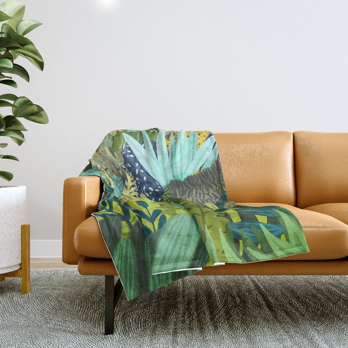 Wild Jungle Painting, Forest Dark Botanical Nature, Plants Tropical Eclectic Modern Illustration Throw Blanket Gallery Image 1