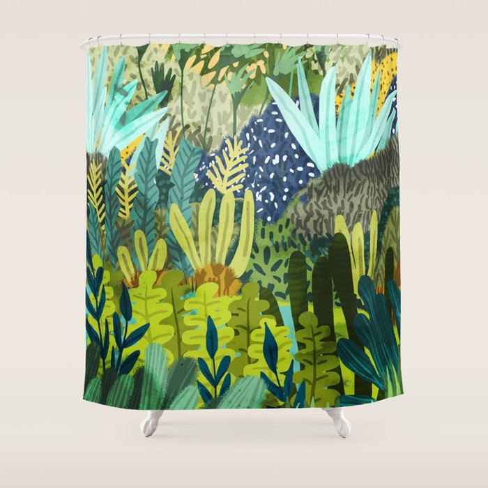 Wild Jungle Painting, Forest Dark Botanical Nature, Plants Tropical Eclectic Modern Illustration Shower Curtain Gallery Image 1