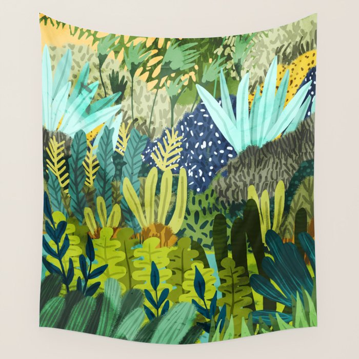 Wild Jungle Painting, Forest Dark Botanical Nature, Plants Tropical Eclectic Modern Illustration Wall Tapestry Gallery Image 1