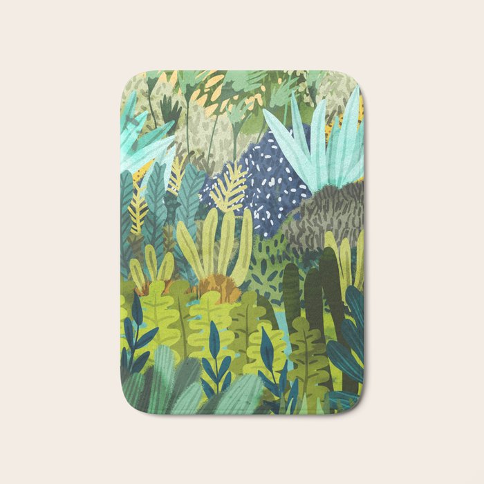 Wild Jungle Painting, Forest Dark Botanical Nature, Plants Tropical Eclectic Modern Illustration Bath Mat Gallery Image 1