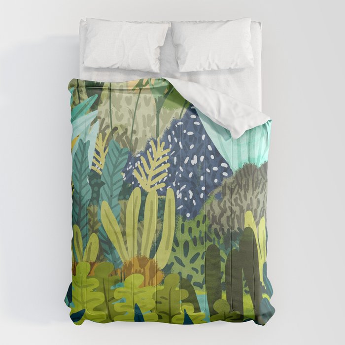 Wild Jungle Painting, Forest Dark Botanical Nature, Plants Tropical Eclectic Modern Illustration Comforter Gallery Image 1