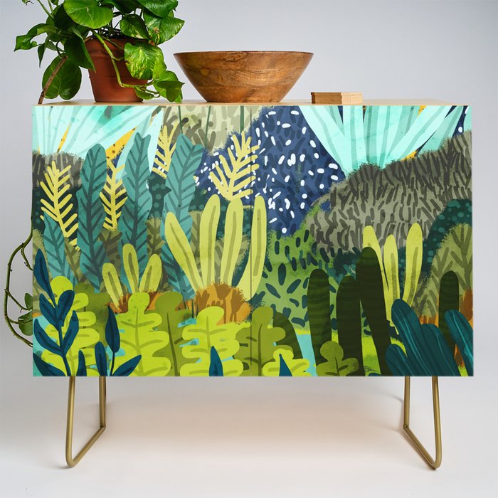 Wild Jungle Painting, Forest Dark Botanical Nature, Plants Tropical Eclectic Modern Illustration Credenza Gallery Image 1