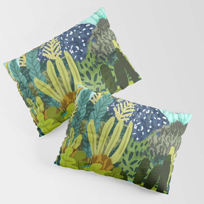 Wild Jungle Painting, Forest Dark Botanical Nature, Plants Tropical Eclectic Modern Illustration Pillow Sham Gallery Image 3