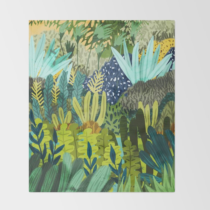 Wild Jungle Painting, Forest Dark Botanical Nature, Plants Tropical Eclectic Modern Illustration Throw Blanket Gallery Image 2