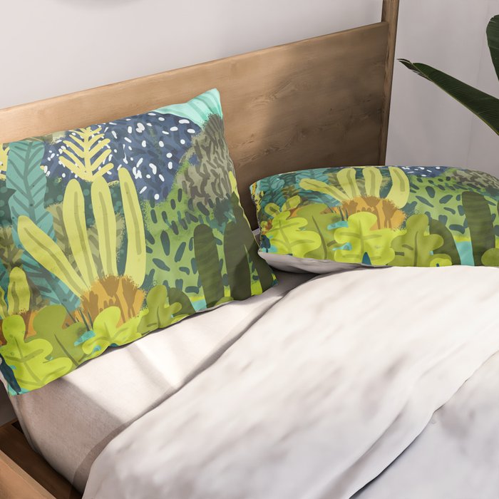 Wild Jungle Painting, Forest Dark Botanical Nature, Plants Tropical Eclectic Modern Illustration Pillow Sham Gallery Image 2