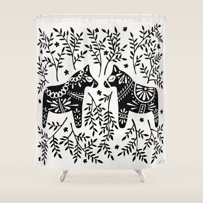 Swedish Dala Horses - Black Palette Shower Curtain Gallery Image 1