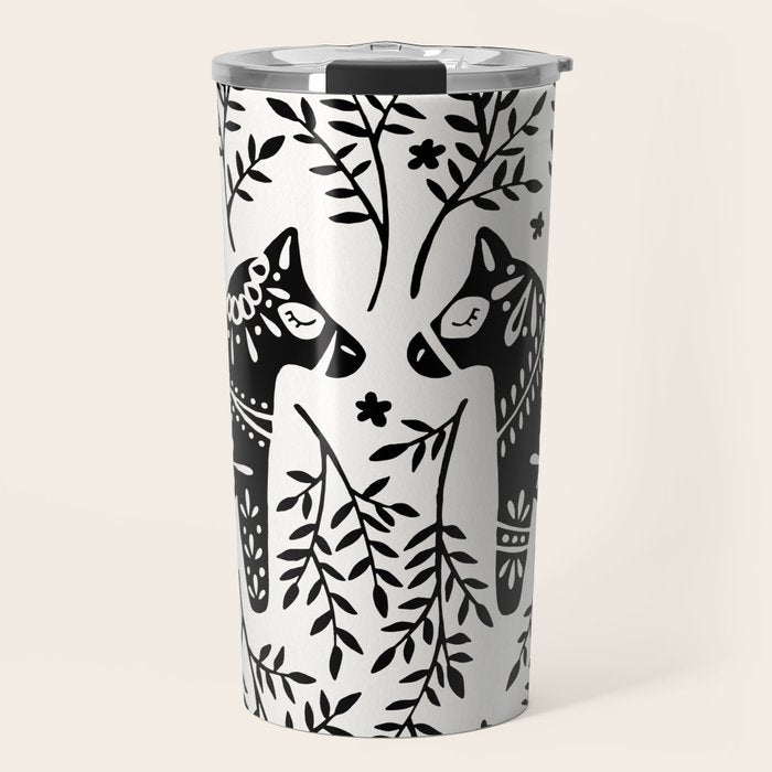 Swedish Dala Horses - Black Palette Travel Mug Gallery Image 1