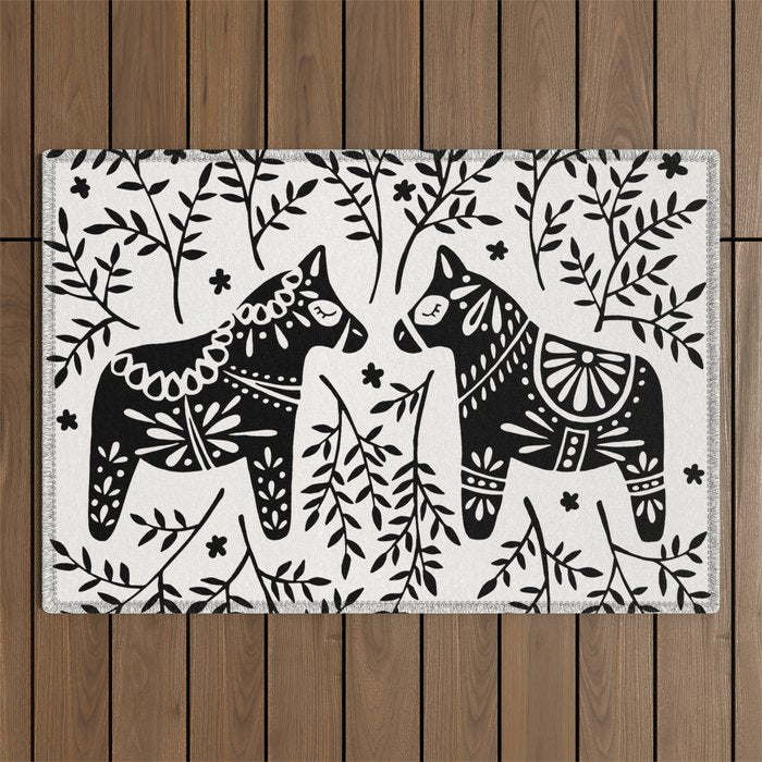 Swedish Dala Horses - Black Palette Outdoor Rug Gallery Image 1