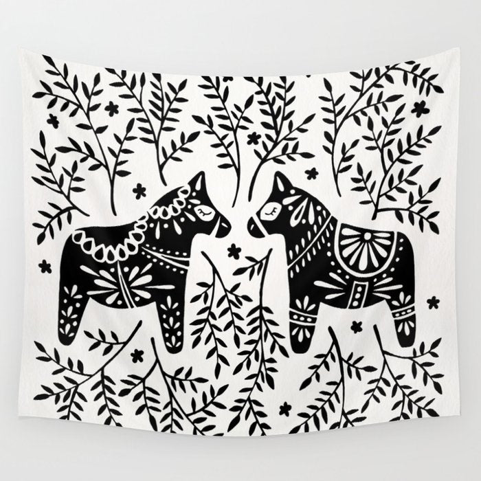 Swedish Dala Horses - Black Palette Wall Tapestry Gallery Image 4