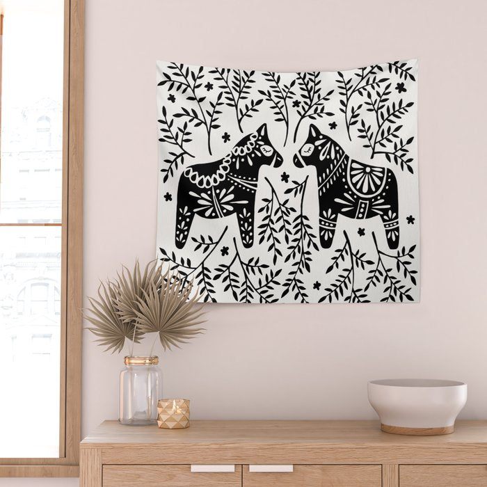 Swedish Dala Horses - Black Palette Wall Tapestry Gallery Image 2