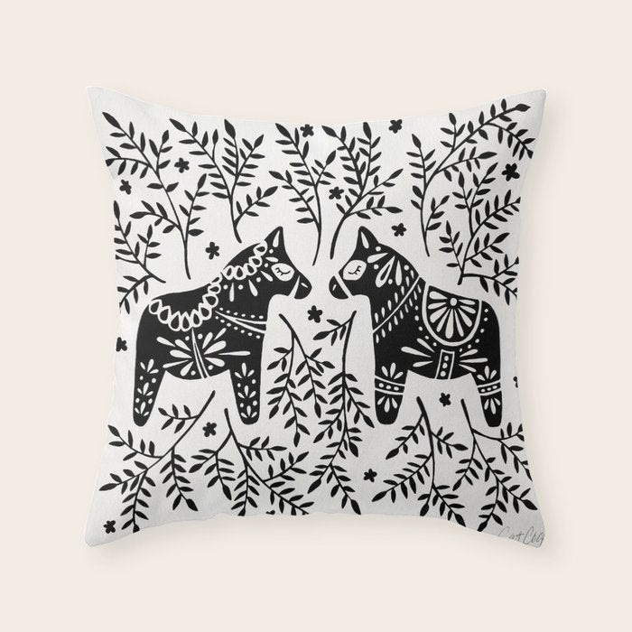Swedish Dala Horses - Black Palette Throw Pillow Gallery Image 6