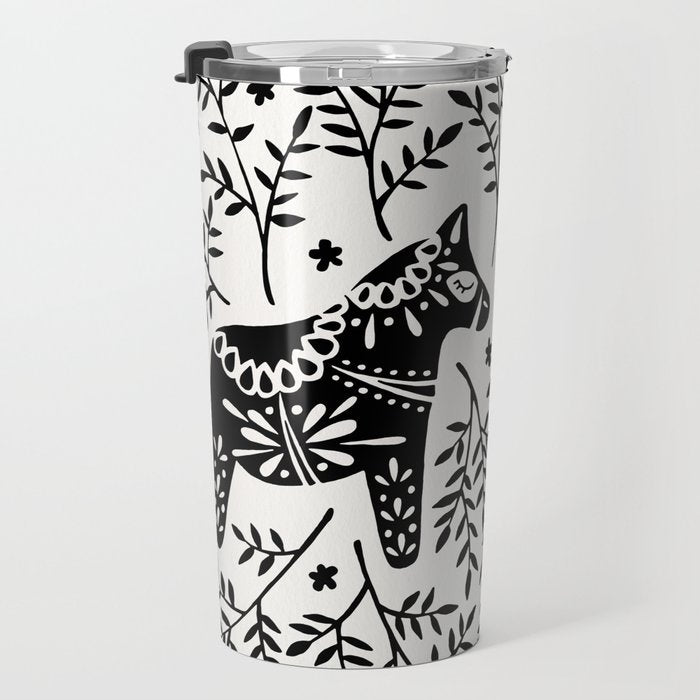 Swedish Dala Horses - Black Palette Travel Mug Gallery Image 3