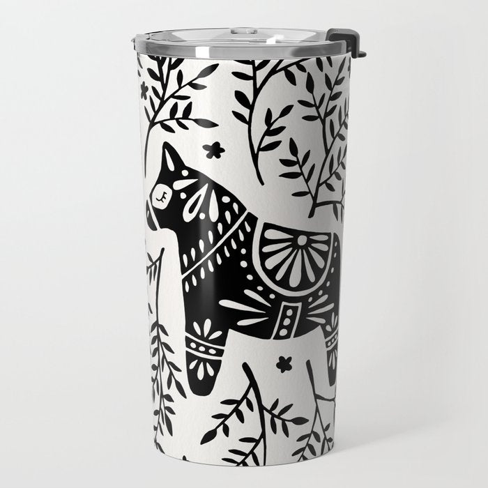 Swedish Dala Horses - Black Palette Travel Mug Gallery Image 2