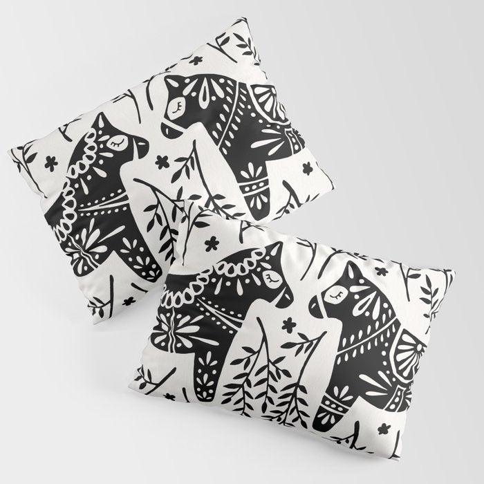 Swedish Dala Horses - Black Palette Pillow Sham Gallery Image 3