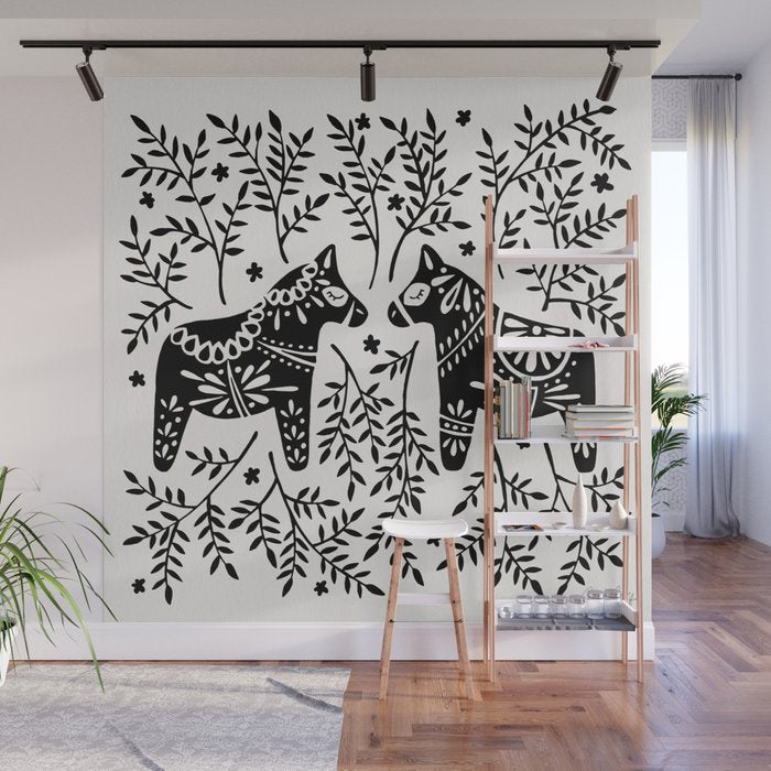 Swedish Dala Horses - Black Palette Wall Mural Gallery Image 1