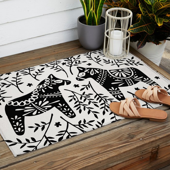 Swedish Dala Horses - Black Palette Outdoor Rug Gallery Image 2