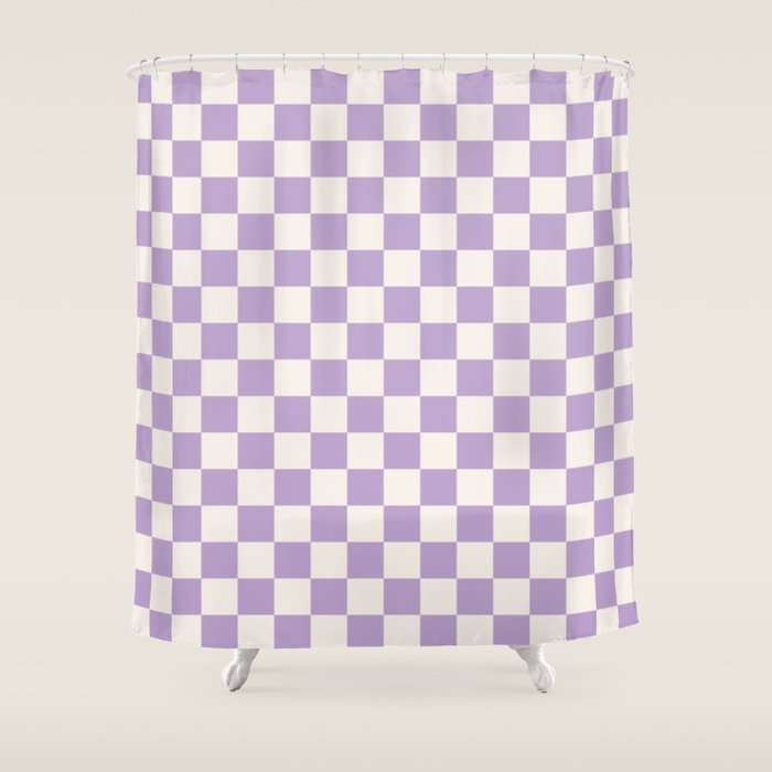 Check Checkered Purple Lilac Lavender Checkerboard Geometric Square Grid Pattern Boho Modern Minimal Shower Curtain Gallery Image 1