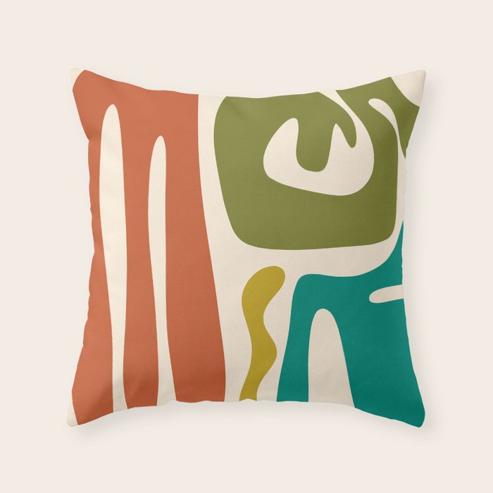 Midcentury Modern Abstract Kwaito Pattern in Mid Century Colors on Cream Throw Pillow Gallery Image 6
