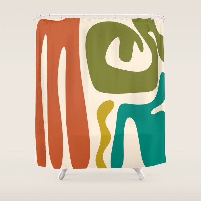 Midcentury Modern Abstract Kwaito Pattern in Mid Century Colors on Cream Shower Curtain Gallery Image 1