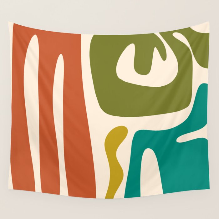 Midcentury Modern Abstract Kwaito Pattern in Mid Century Colors on Cream Wall Tapestry Gallery Image 4