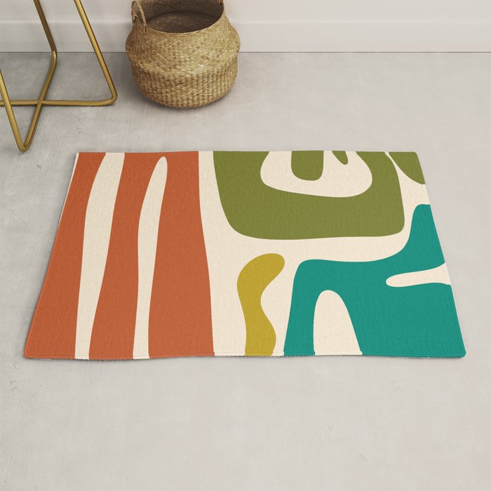 Midcentury Modern Abstract Kwaito Pattern in Mid Century Colors on Cream Rug Gallery Image 1