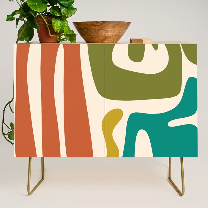 Midcentury Modern Abstract Kwaito Pattern in Mid Century Colors on Cream Credenza Gallery Image 1