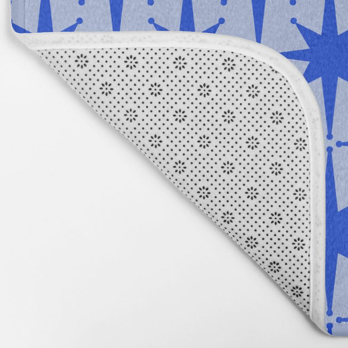 Mid Century Modern Atomic Stars Retro Starburst Pattern in Royal Blue and Light Blue Bath Mat Gallery Image 2