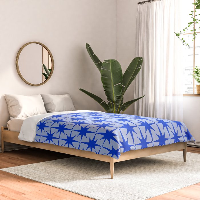 Mid Century Modern Atomic Stars Retro Starburst Pattern in Royal Blue and Light Blue Comforter Gallery Image 2