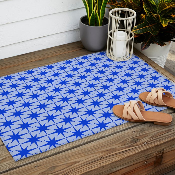 Mid Century Modern Atomic Stars Retro Starburst Pattern in Royal Blue and Light Blue Outdoor Rug Gallery Image 2