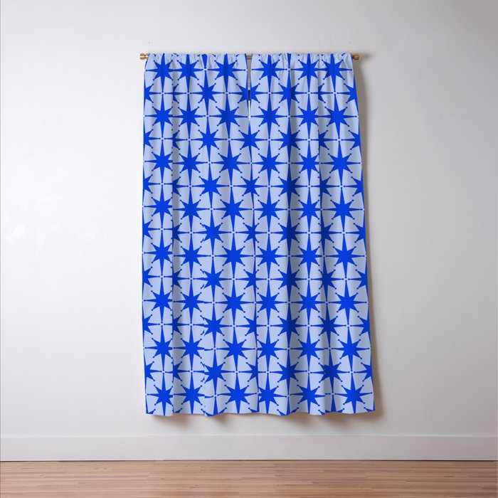 Mid Century Modern Atomic Stars Retro Starburst Pattern in Royal Blue and Light Blue Window Curtain Gallery Image 3