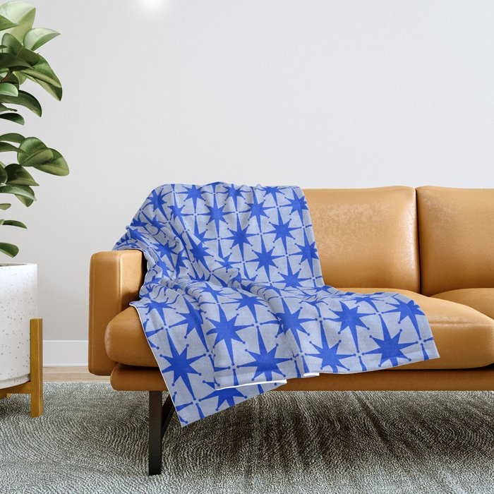 Mid Century Modern Atomic Stars Retro Starburst Pattern in Royal Blue and Light Blue Throw Blanket Gallery Image 1