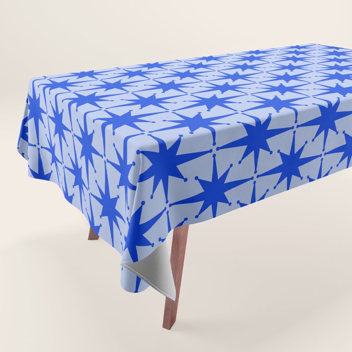 Mid Century Modern Atomic Stars Retro Starburst Pattern in Royal Blue and Light Blue Tablecloth Gallery Image 1