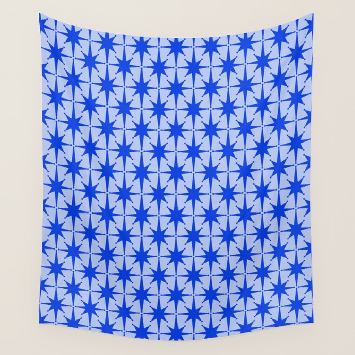 Mid Century Modern Atomic Stars Retro Starburst Pattern in Royal Blue and Light Blue Wall Tapestry Gallery Image 4
