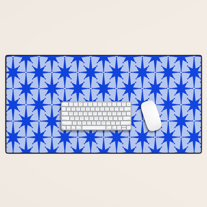 Mid Century Modern Atomic Stars Retro Starburst Pattern in Royal Blue and Light Blue Desk Mat Gallery Image 1