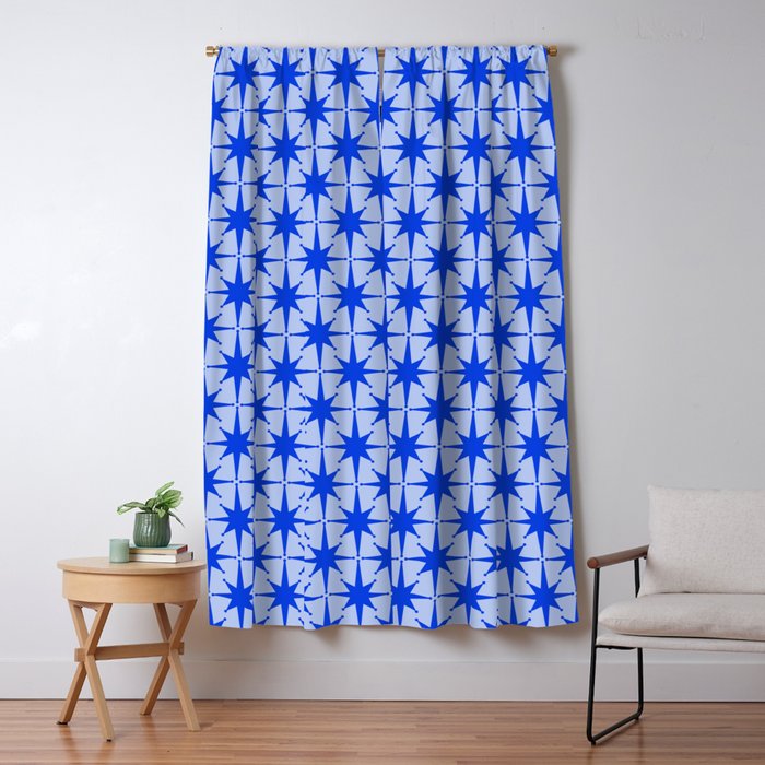 Mid Century Modern Atomic Stars Retro Starburst Pattern in Royal Blue and Light Blue Window Curtain Gallery Image 1