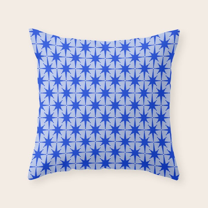 Mid Century Modern Atomic Stars Retro Starburst Pattern in Royal Blue and Light Blue Throw Pillow Gallery Image 6