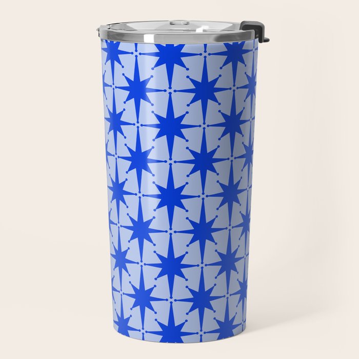 Mid Century Modern Atomic Stars Retro Starburst Pattern in Royal Blue and Light Blue Travel Mug Gallery Image 2