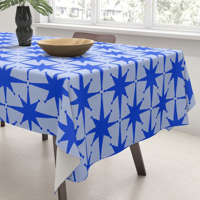 Mid Century Modern Atomic Stars Retro Starburst Pattern in Royal Blue and Light Blue Tablecloth Gallery Image 3